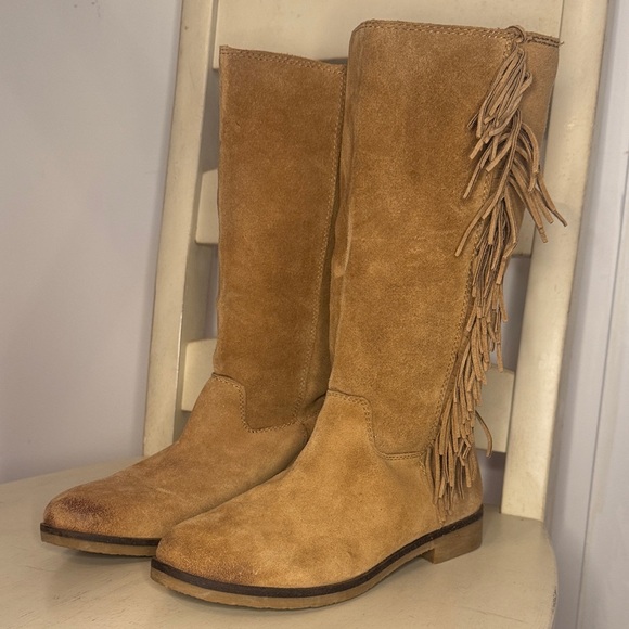 Fringe Tan Suede Knee-High Boots - Picture 1 of 4
